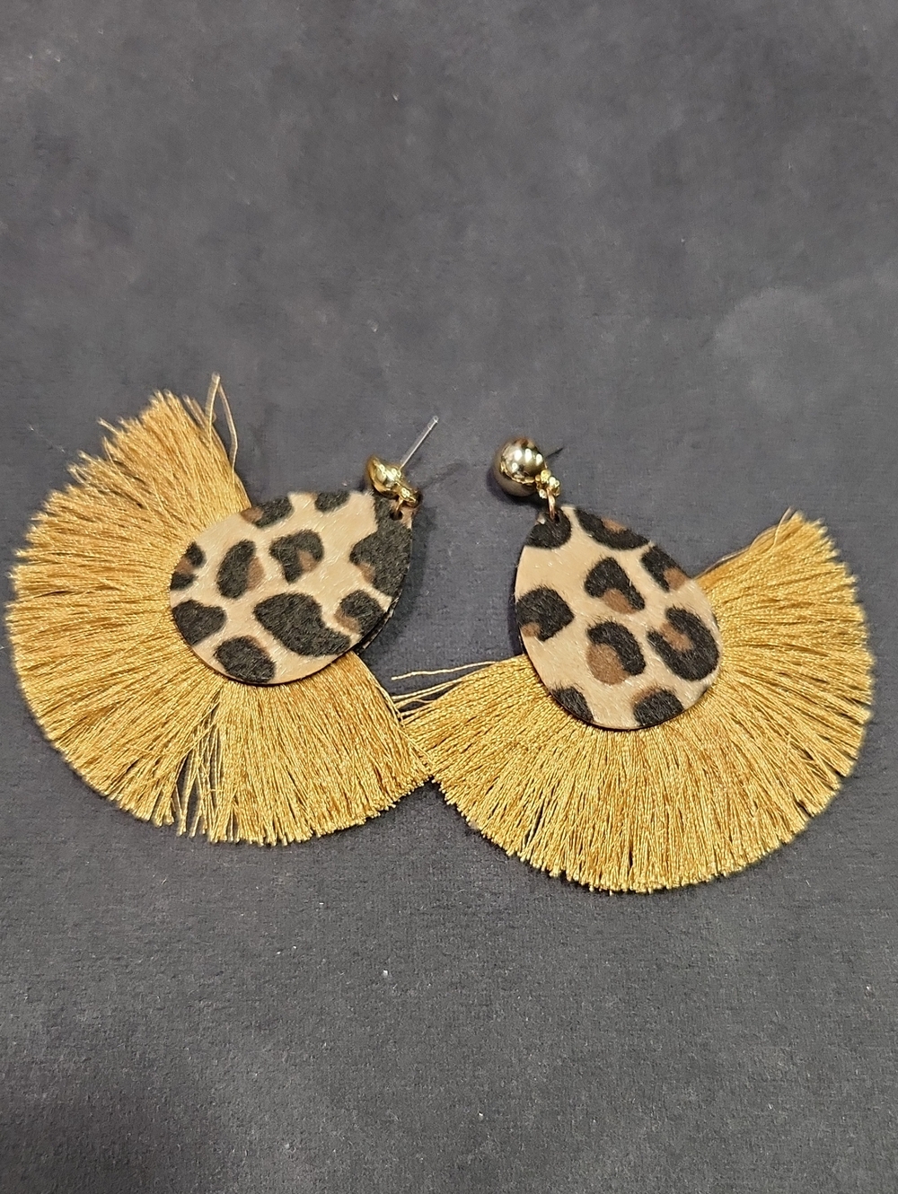 Leopard Print Fringe Drop Earrings in Mustard Gold